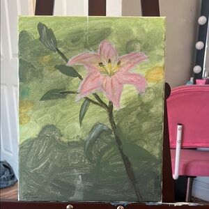 Vibrant Pink Lily Painting in Green